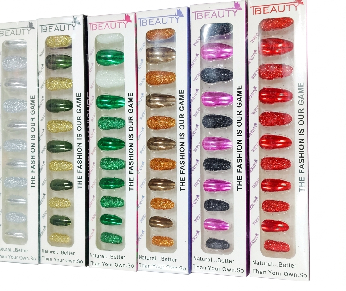 IBEAUTY Premium Press-On Nails Set | 12 Custom Fashion Styles – Chrome Gradient, Molten Gold, Charcoal Glitter, Emerald Green, Shimmer Olive & Prism Silver False Nails Pack