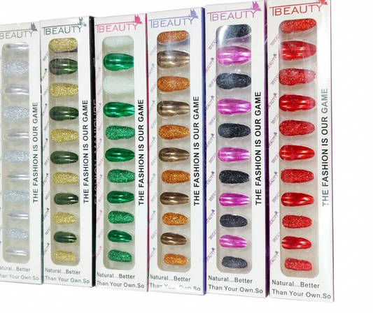 IBEAUTY Premium Press-On Nails Set | 12 Custom Fashion Styles – Chrome Gradient, Molten Gold, Charcoal Glitter, Emerald Green, Shimmer Olive & Prism Silver False Nails Pack