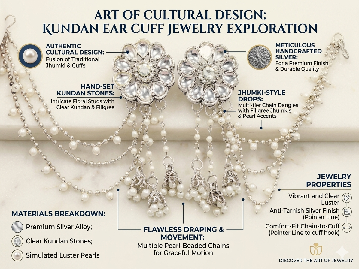 (Sleek & Brand-Focused): Handcrafted Silver Alloy Kundan Ear Cuffs with Cascading Pearl-Beaded Chains and Filigree Jhumki Drops