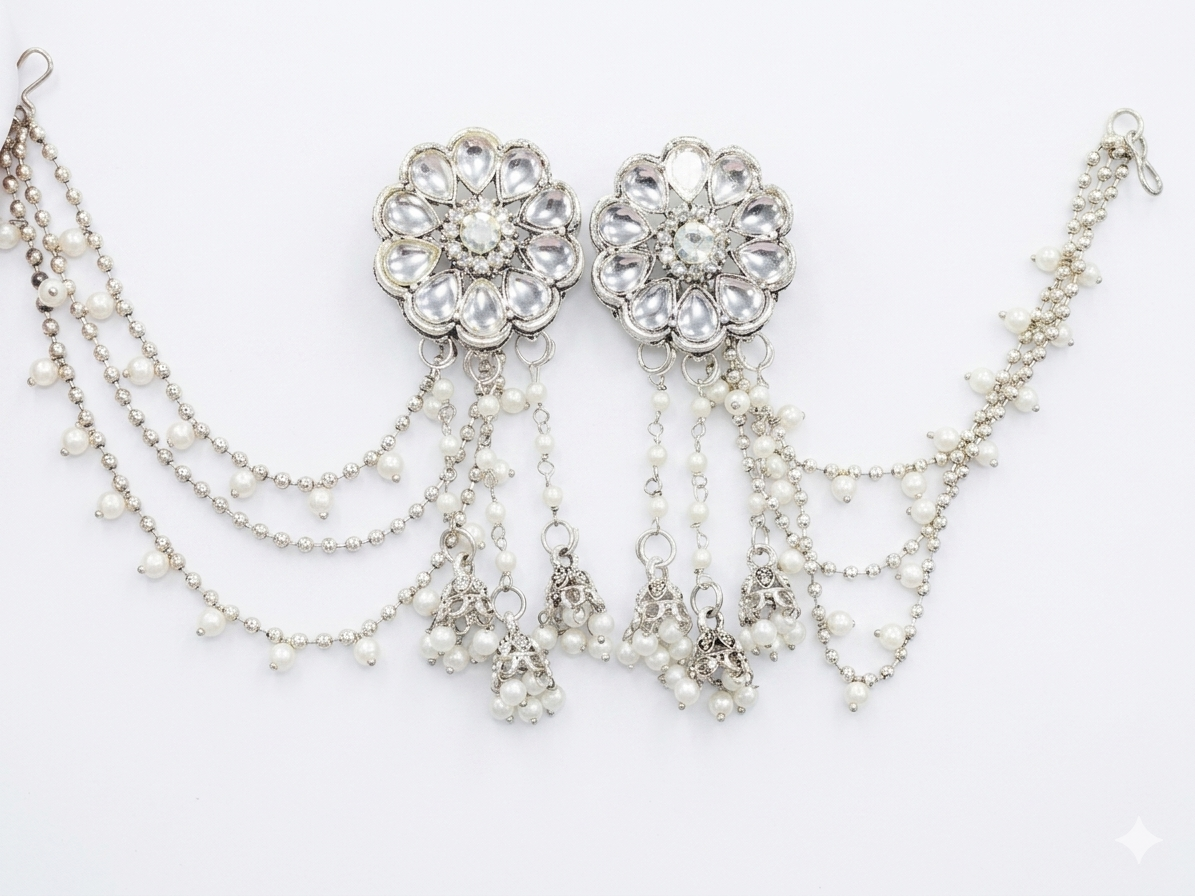 (Sleek & Brand-Focused): Handcrafted Silver Alloy Kundan Ear Cuffs with Cascading Pearl-Beaded Chains and Filigree Jhumki Drops