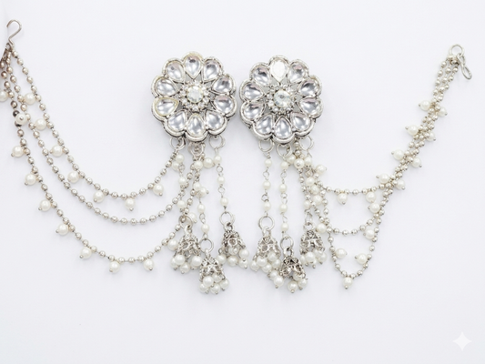 (Sleek & Brand-Focused): Handcrafted Silver Alloy Kundan Ear Cuffs with Cascading Pearl-Beaded Chains and Filigree Jhumki Drops