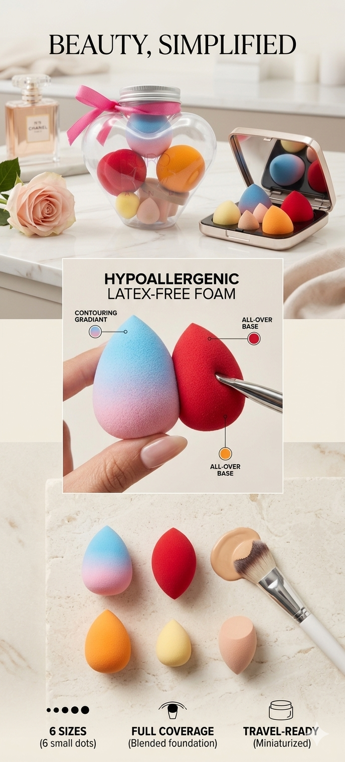 Premium 6-Pack Multi-Sized Beauty Blender Set | Heart-Shaped Clarity Storage Jar with Secure Silver Cap | Reusable, Washable, Latex-Free Flawless Application Makeup Sponges