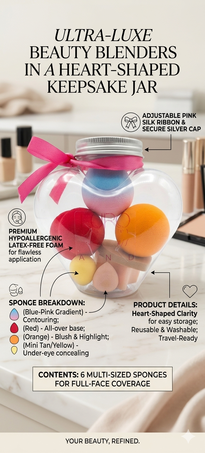 Premium 6-Pack Multi-Sized Beauty Blender Set | Heart-Shaped Clarity Storage Jar with Secure Silver Cap | Reusable, Washable, Latex-Free Flawless Application Makeup Sponges