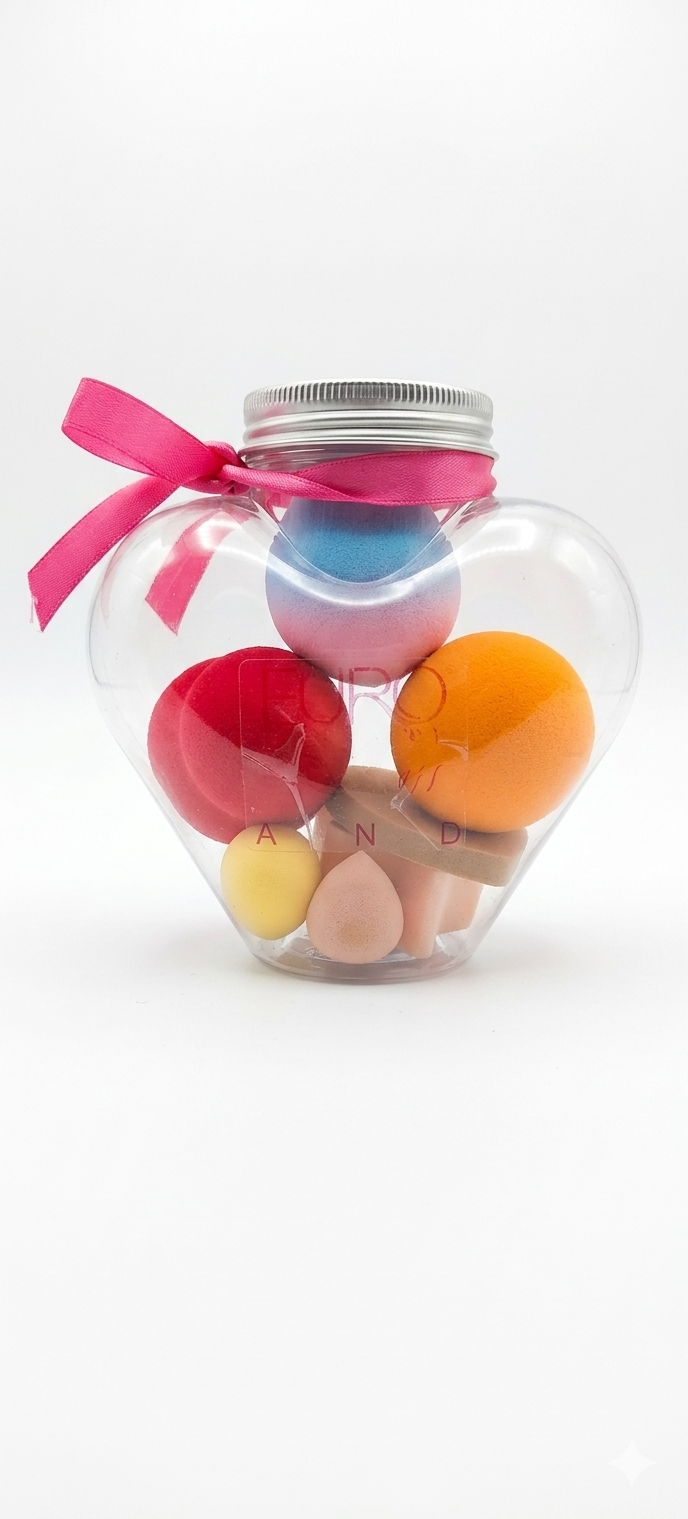 Premium 6-Pack Multi-Sized Beauty Blender Set | Heart-Shaped Clarity Storage Jar with Secure Silver Cap | Reusable, Washable, Latex-Free Flawless Application Makeup Sponges