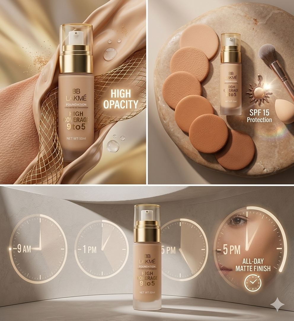 BB Lakmé 9to5 High Coverage Foundation | High Opacity Flawless Full Face Coverage | All-Day Matte Wear & SPF 15 protection | Premium Pump Bottle (50ml)