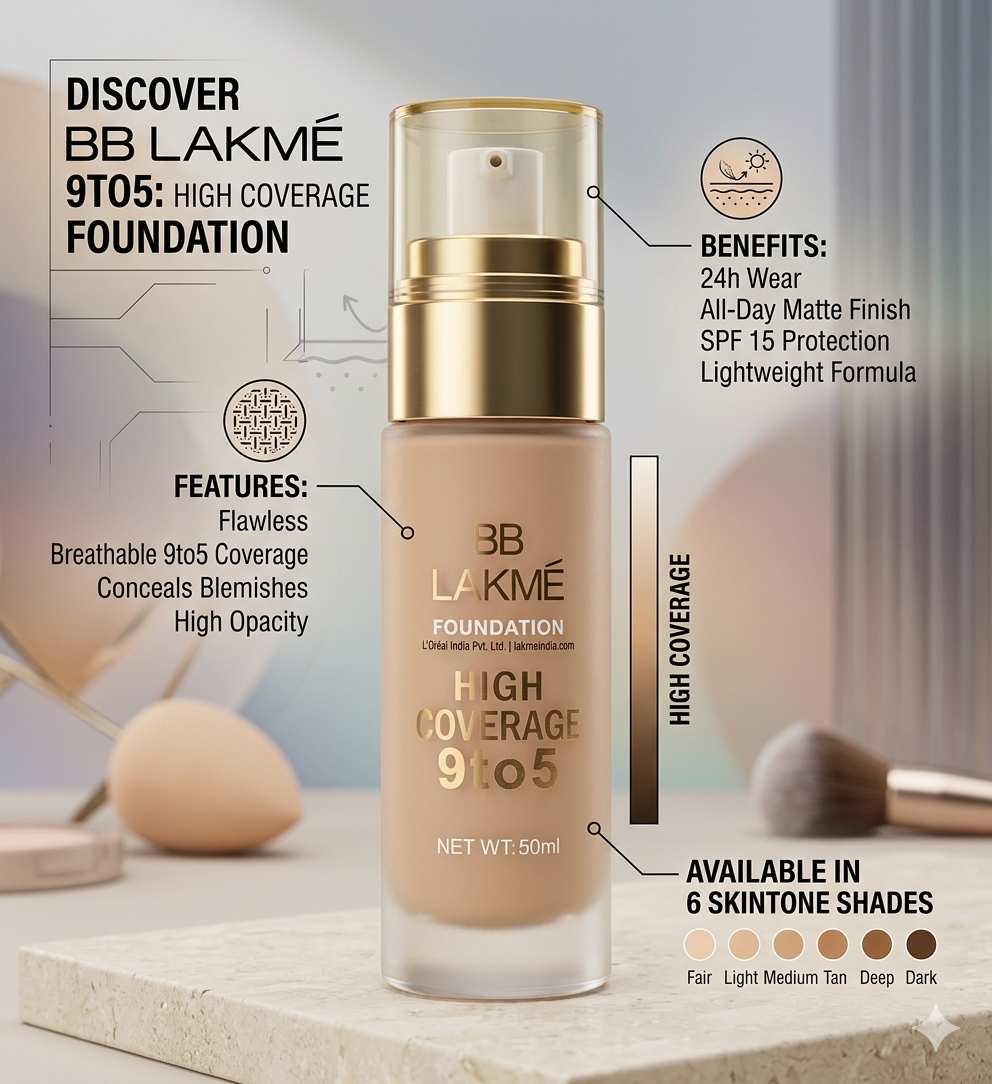 BB Lakmé 9to5 High Coverage Foundation | High Opacity Flawless Full Face Coverage | All-Day Matte Wear & SPF 15 protection | Premium Pump Bottle (50ml)