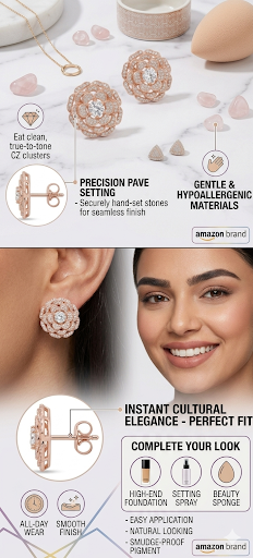 KZ Collection Rose Gold Floral Stud Earrings | Intricate Pave Setting Cubic Zirconia Flower Post Earrings | Hypoallergenic All-Day Wear Earrings with Integrated Backing