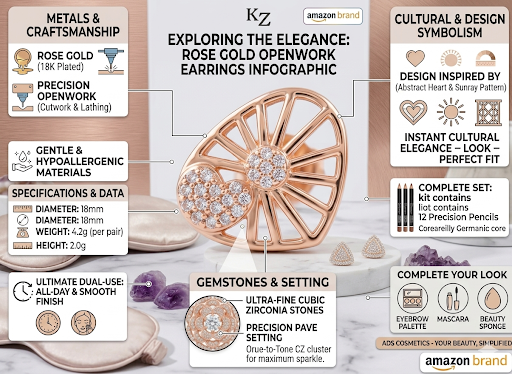 Precision Cutwork & Lathing Sunray Pattern Studs | Delicate Pave CZ Cluster Heart Geometric Earring Set