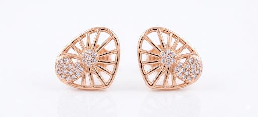 Precision Cutwork & Lathing Sunray Pattern Studs | Delicate Pave CZ Cluster Heart Geometric Earring Set