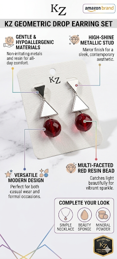 Modern Geometric Triangle Drop Earrings | Mirror-Finish High-Shine Metallic Studs with Light-Catching Red Resin Beads | Gentle & Hypoallergenic Everyday Statement Earrings
