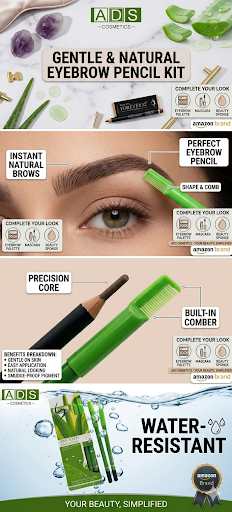 ADS Cosmetics 1-Piece Smooth Eyebrow Pencil Set with Aloe Vera Extract – Waterproof Long-Lasting Eye Brow Liner, 2-in-1 Precision Shaper Tool with Built-in Comb & Grooming Cap, Smudge-Proof Natural Matte Finish