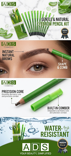 ADS Cosmetics 1-Piece Smooth Eyebrow Pencil Set with Aloe Vera Extract – Waterproof Long-Lasting Eye Brow Liner, 2-in-1 Precision Shaper Tool with Built-in Comb & Grooming Cap, Smudge-Proof Natural Matte Finish