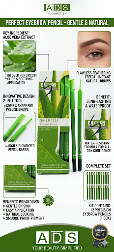 ADS Cosmetics 1-Piece Smooth Eyebrow Pencil Set with Aloe Vera Extract – Waterproof Long-Lasting Eye Brow Liner, 2-in-1 Precision Shaper Tool with Built-in Comb & Grooming Cap, Smudge-Proof Natural Matte Finish