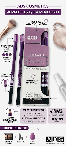 ADS Cosmetics 1-Piece Perfect Eye & Lip Liner Pencil Kit – Deep Purple Matte Makeup Pencils, Waterproof Smudge-Proof 24HR Longwear Formula