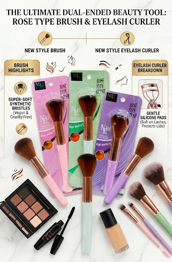 Dual-Ended Makeup Brush and Eyelash Curler Set – Professional Rose Type Powder Blush Brush with Vegan Synthetic Bristles & Precision Lash Curler, Ergonomic Travel Friendly Cosmetic Tool