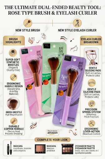Dual-Ended Makeup Brush and Eyelash Curler Set – Professional Rose Type Powder Blush Brush with Vegan Synthetic Bristles & Precision Lash Curler, Ergonomic Travel Friendly Cosmetic Tool