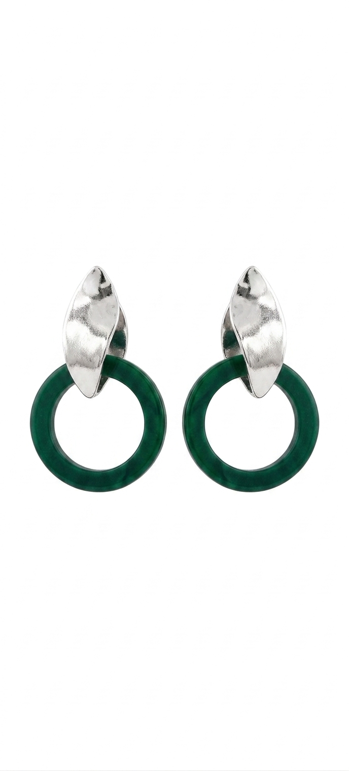 Malachite & Silver Modular Drop Earrings – Textured Silver-Finished Geometric Post with Detachable Faux Malachite Acrylic Ring, Versatile 2-in-1 Interlocking Statement Earrings for Women