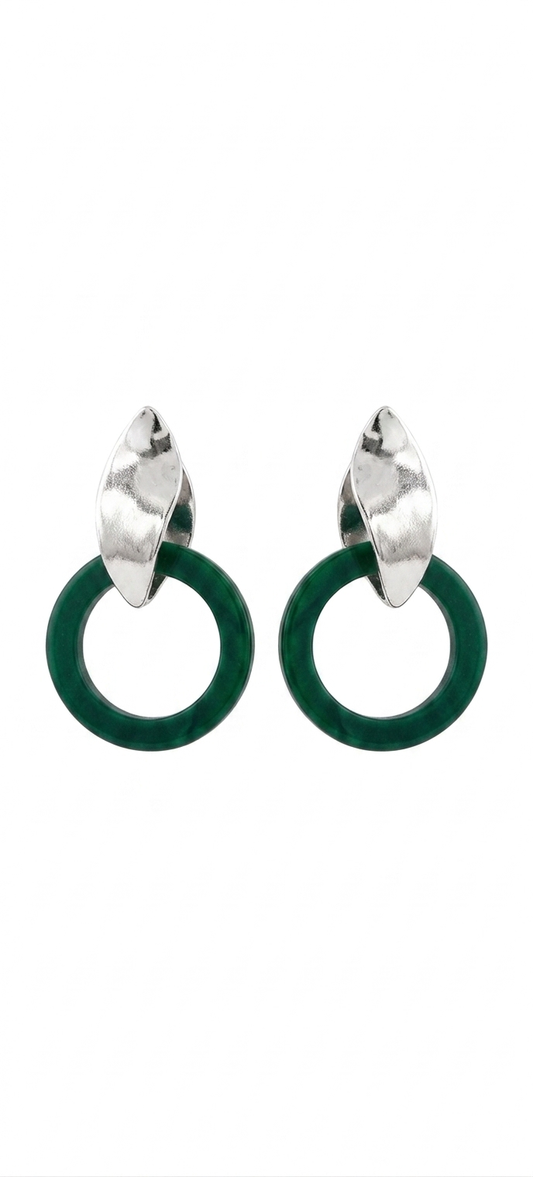 Malachite & Silver Modular Drop Earrings – Textured Silver-Finished Geometric Post with Detachable Faux Malachite Acrylic Ring, Versatile 2-in-1 Interlocking Statement Earrings for Women