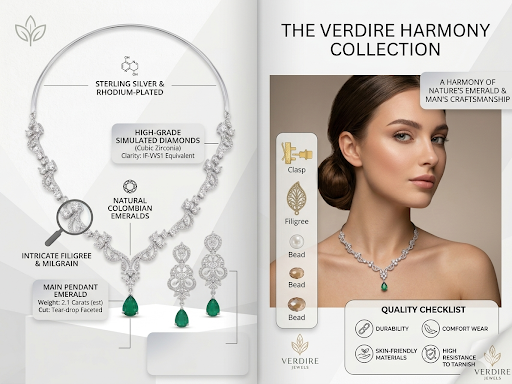 Harmal Store The Verdire Harmony Jewelry Set for Women – Sterling Silver Rhodium-Plated Choker Necklace & Matching Drop Earrings,