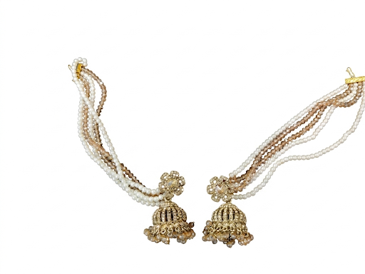 Harmal Store Verdire Jewels Traditional Bridal Jhumka Earring and Necklace Set – Handcrafted Gold-Tone Kundan Filigree Flower Studs with 4-Layer Pearl & Crystal Bead Strands,