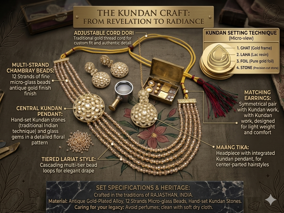 Jasmine Traditional Kundan & Beaded Bridal Jewelry Set – 12-Strand Chambray Micro-Glass Bead Tiered Lariat Necklace, Matching Symmetrical Earrings & Maang Tika, Antique Gold-Plated Festive Jewelry Set for Women