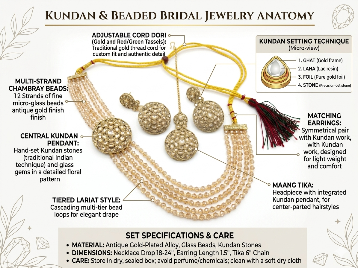 Jasmine Traditional Kundan & Beaded Bridal Jewelry Set – 12-Strand Chambray Micro-Glass Bead Tiered Lariat Necklace, Matching Symmetrical Earrings & Maang Tika, Antique Gold-Plated Festive Jewelry Set for Women