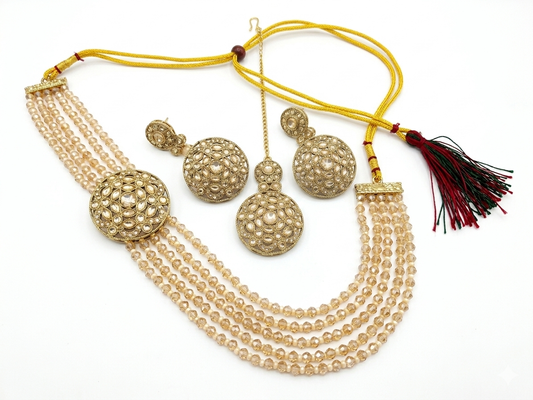 Jasmine Traditional Kundan & Beaded Bridal Jewelry Set – 12-Strand Chambray Micro-Glass Bead Tiered Lariat Necklace, Matching Symmetrical Earrings & Maang Tika, Antique Gold-Plated Festive Jewelry Set for Women