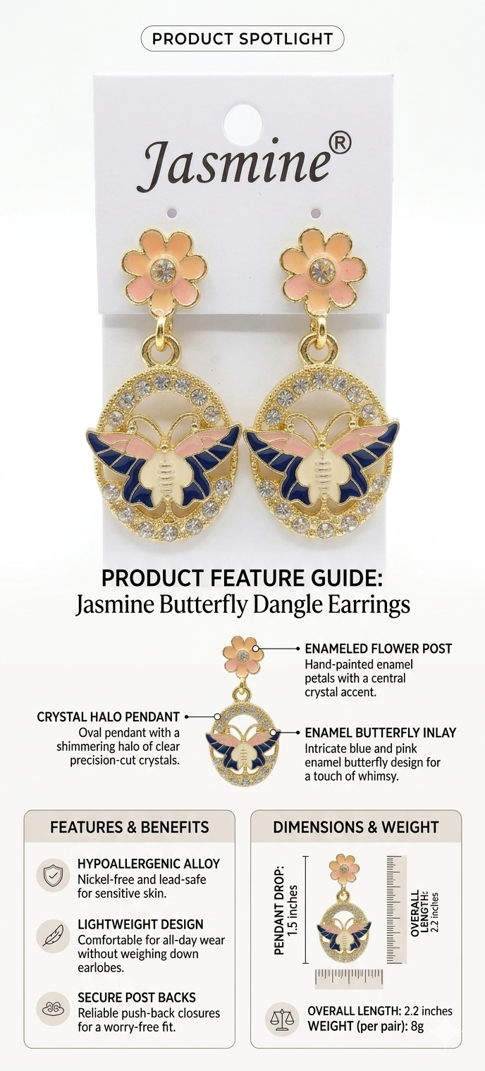 Jasmine Butterfly Dangle Earrings for Women – Enameled Flower Post & Crystal Halo Oval Pendant, Hypoallergenic Lightweight Drop Earrings, Whimsical Fashion Jewelry Gift