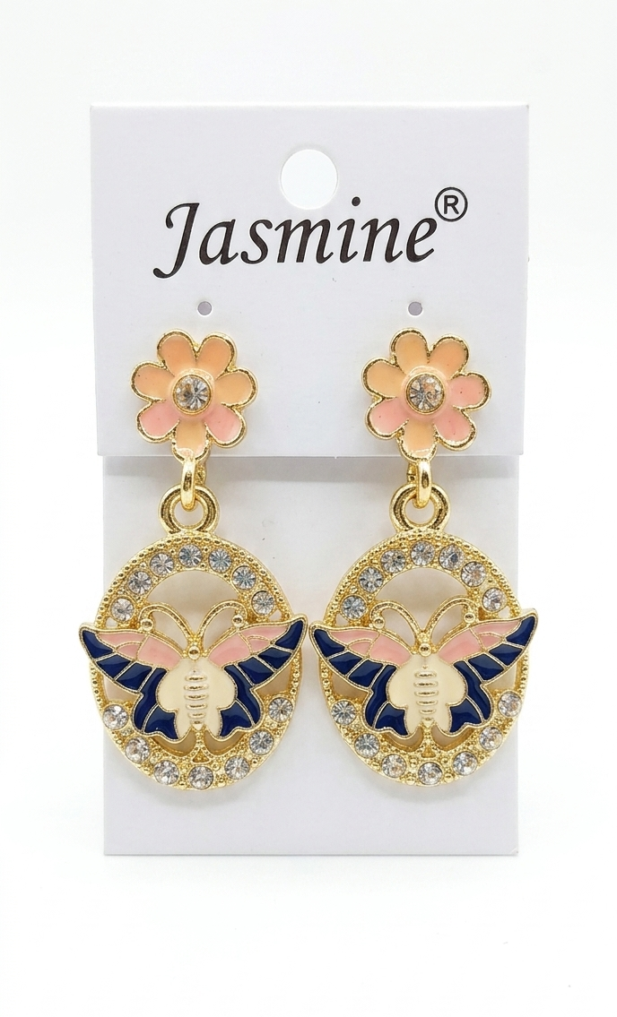 Jasmine Butterfly Dangle Earrings for Women – Enameled Flower Post & Crystal Halo Oval Pendant, Hypoallergenic Lightweight Drop Earrings, Whimsical Fashion Jewelry Gift