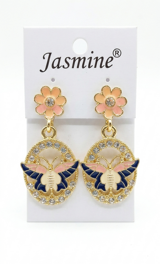 Jasmine Butterfly Dangle Earrings for Women – Enameled Flower Post & Crystal Halo Oval Pendant, Hypoallergenic Lightweight Drop Earrings, Whimsical Fashion Jewelry Gift