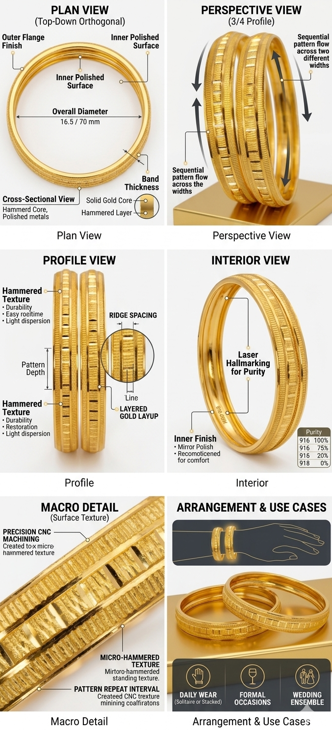 Harmal Store 916 BIS Hallmarked Gold Plated Bangle Set for Women – Micro-Hammered Geometric Pattern Churi,
