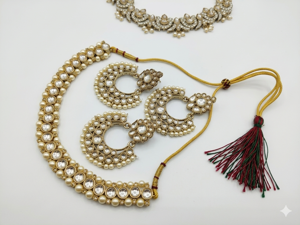Kavya Kundan Pearl Choker Necklace Set for Women, Antique Gold Plated Bridal Jewelry with Matching Earrings, Adjustable Traditional Indian Wedding Jewelry