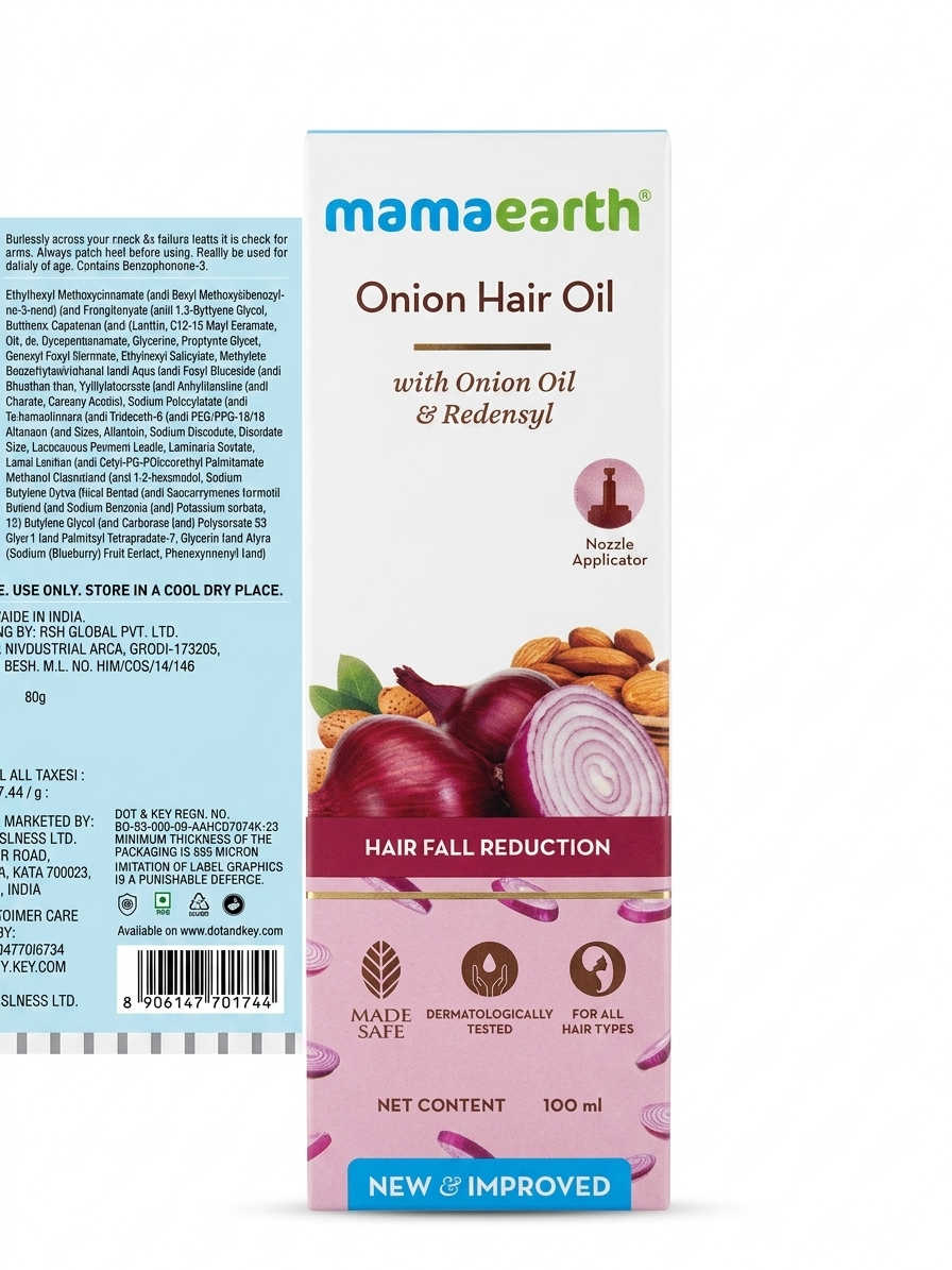 Mamaearth Onion Hair Oil with Onion Oil & Redensyl for Hair Fall Reduction, Hair Growth & Stronger Thicker Hair, Dermatologically Tested Hair Care Oil for Men & Women – 100ml