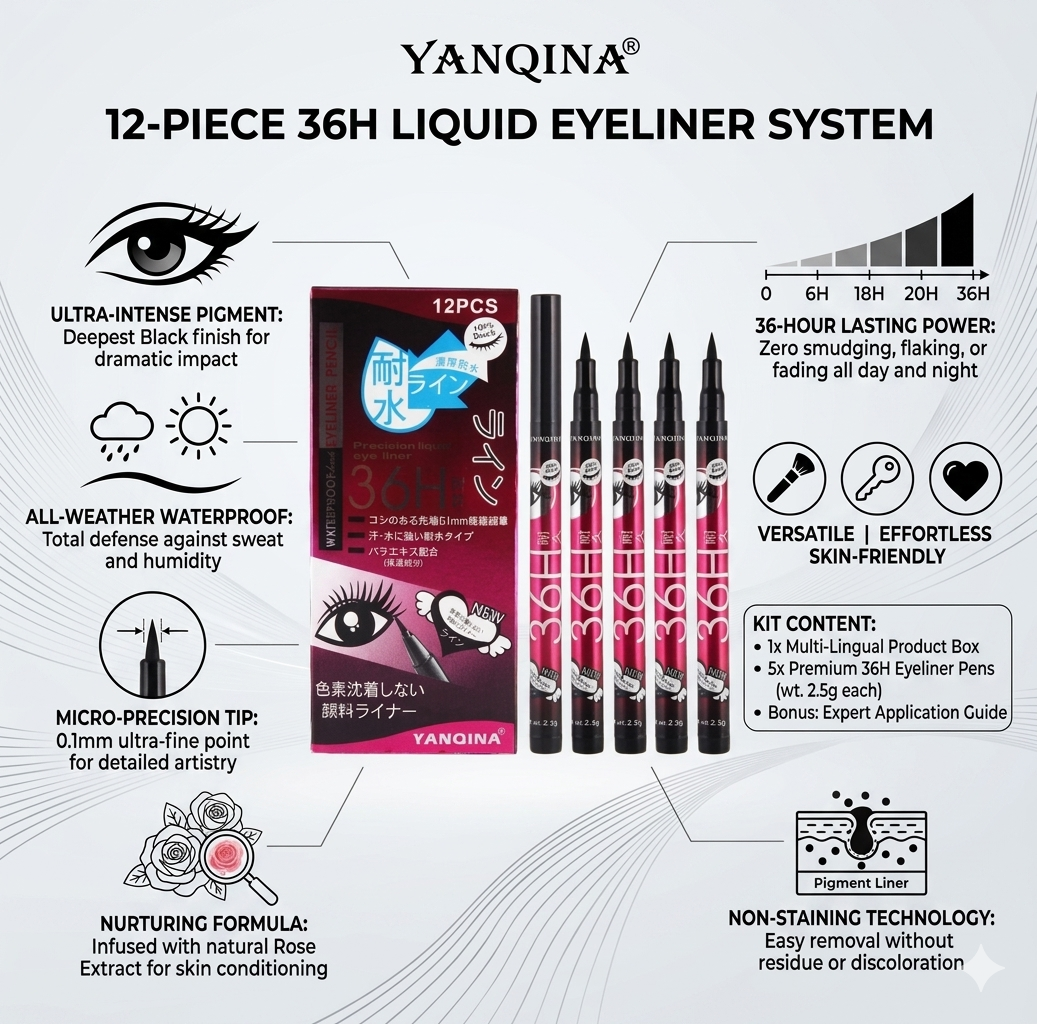 YANQINA 1-Piece 36H Liquid Eyeliner Pen Set – Deepest Black Ultra-Intense Pigment, 0.1mm Micro-Precision Felt Tip