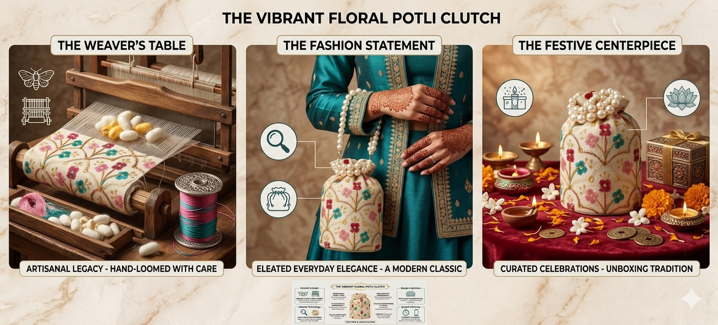 Harmal Store Vibrant Floral Potli Clutch Bag for Women - Premium Silk Blend Evening Purse with Kashmiri-Style Multicolor Thread Embroidery, Cultivated Faux Pearl Handle, Traditional Wedding Batwa