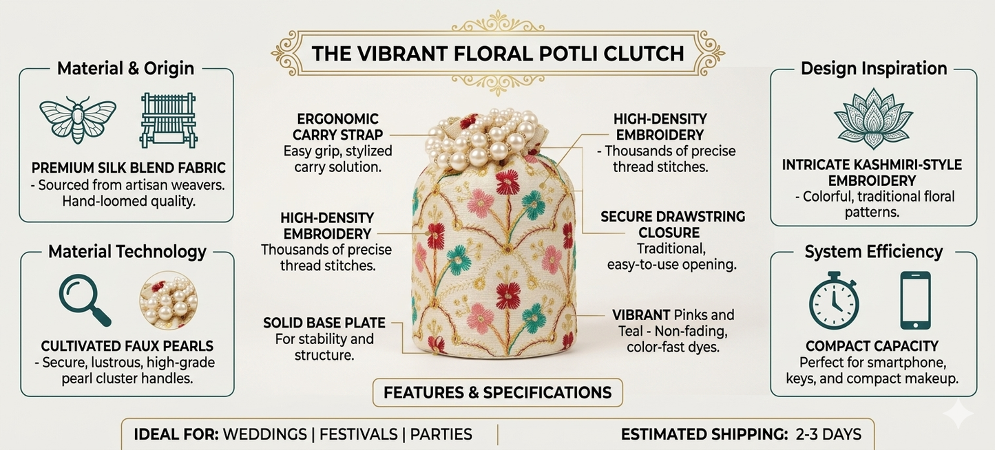 Harmal Store Vibrant Floral Potli Clutch Bag for Women - Premium Silk Blend Evening Purse with Kashmiri-Style Multicolor Thread Embroidery, Cultivated Faux Pearl Handle, Traditional Wedding Batwa