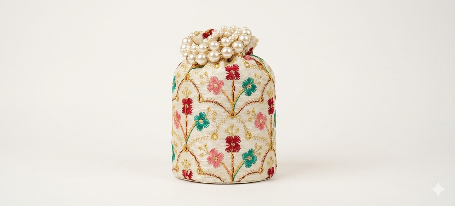 Harmal Store Vibrant Floral Potli Clutch Bag for Women - Premium Silk Blend Evening Purse with Kashmiri-Style Multicolor Thread Embroidery, Cultivated Faux Pearl Handle, Traditional Wedding Batwa
