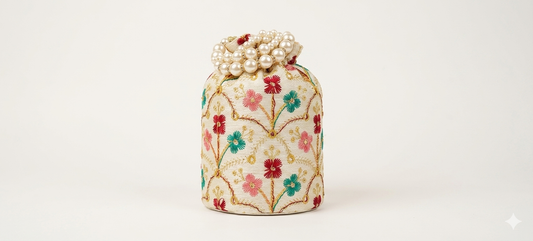 Harmal Store Vibrant Floral Potli Clutch Bag for Women - Premium Silk Blend Evening Purse with Kashmiri-Style Multicolor Thread Embroidery, Cultivated Faux Pearl Handle, Traditional Wedding Batwa