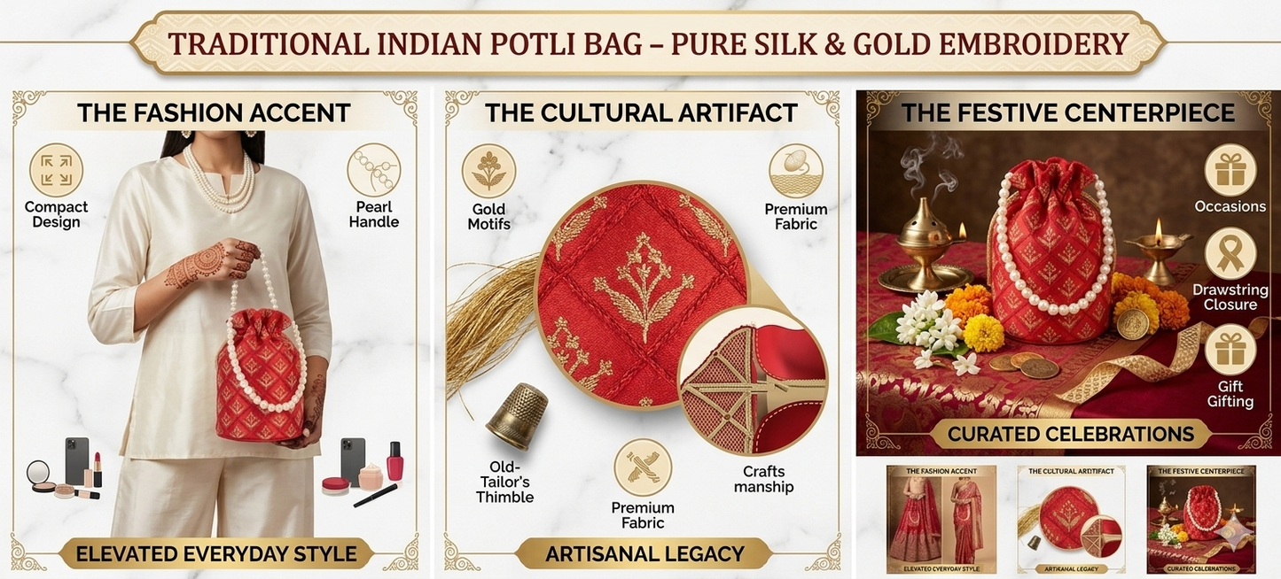 Harmal Store Traditional Pure Silk Potli Bag for Women - Deep Crimson Red Evening Purse with Real Gold Thread Zari Hand-Embroidered Motifs, Lustrous Pearl Handle Ethnic Wedding Shadi Batwa Pouch