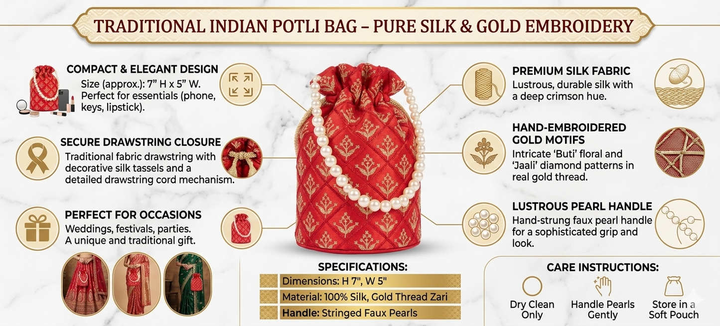 Harmal Store Traditional Pure Silk Potli Bag for Women - Deep Crimson Red Evening Purse with Real Gold Thread Zari Hand-Embroidered Motifs, Lustrous Pearl Handle Ethnic Wedding Shadi Batwa Pouch