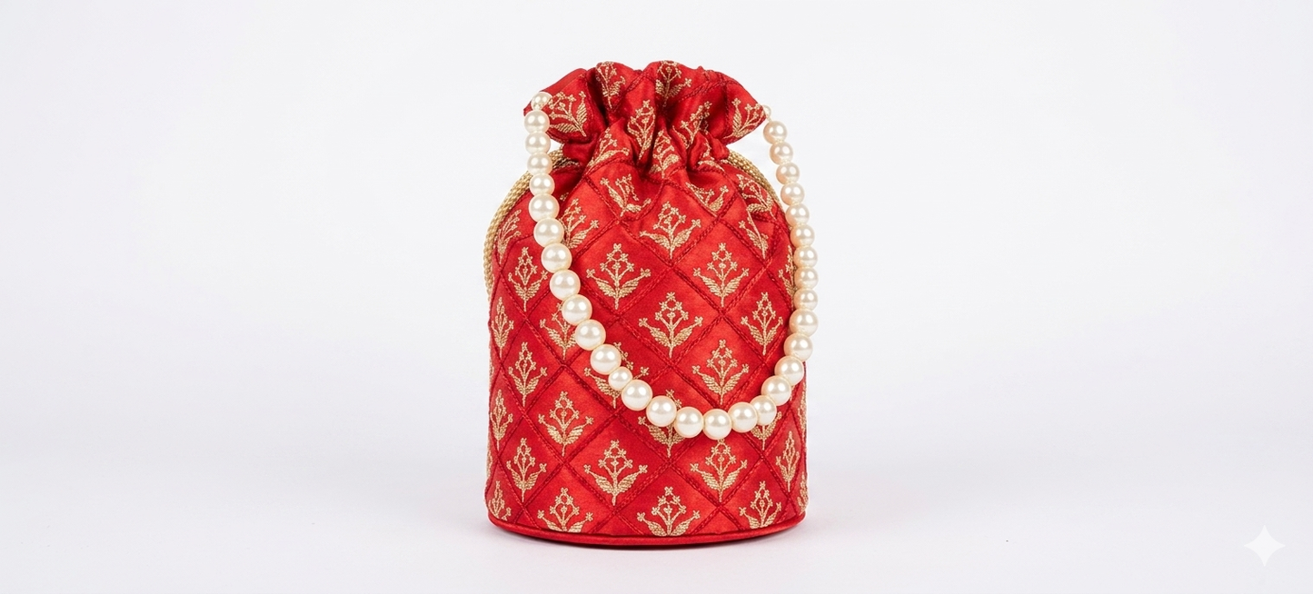 Harmal Store Traditional Pure Silk Potli Bag for Women - Deep Crimson Red Evening Purse with Real Gold Thread Zari Hand-Embroidered Motifs, Lustrous Pearl Handle Ethnic Wedding Shadi Batwa Pouch