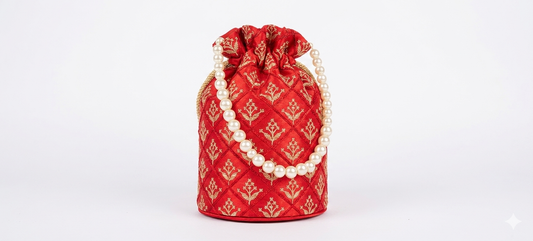 Harmal Store Traditional Pure Silk Potli Bag for Women - Deep Crimson Red Evening Purse with Real Gold Thread Zari Hand-Embroidered Motifs, Lustrous Pearl Handle Ethnic Wedding Shadi Batwa Pouch
