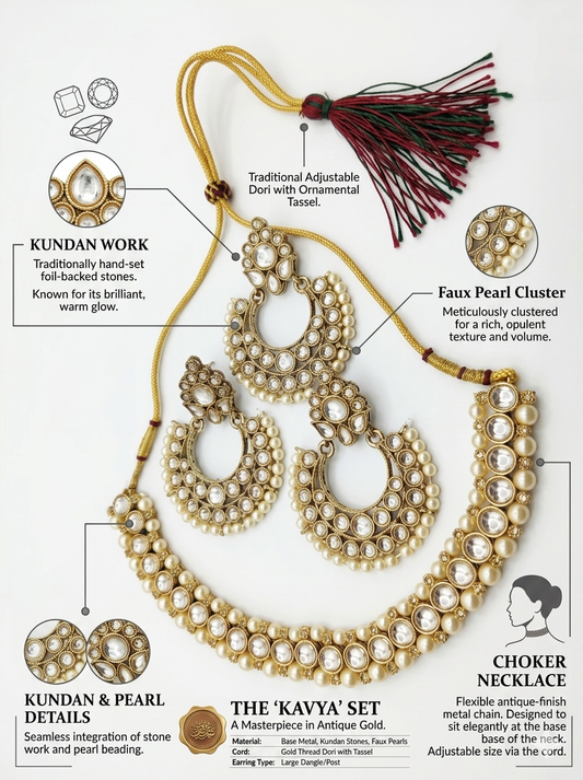 Kavya Kundan Pearl Choker Necklace Set for Women, Antique Gold Plated Bridal Jewelry with Matching Earrings, Adjustable Traditional Indian Wedding Jewelry