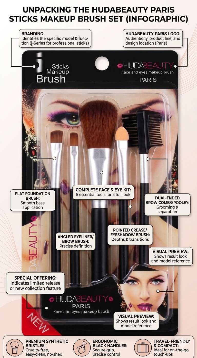 HUDABEAUTY Paris Makeup Brush Set for Face & Eyes, Professional 5-Piece Cosmetic Brush Kit with Foundation, Eyeshadow, Eyeliner & Brow Brushes, Travel-Friendly Makeup Tools