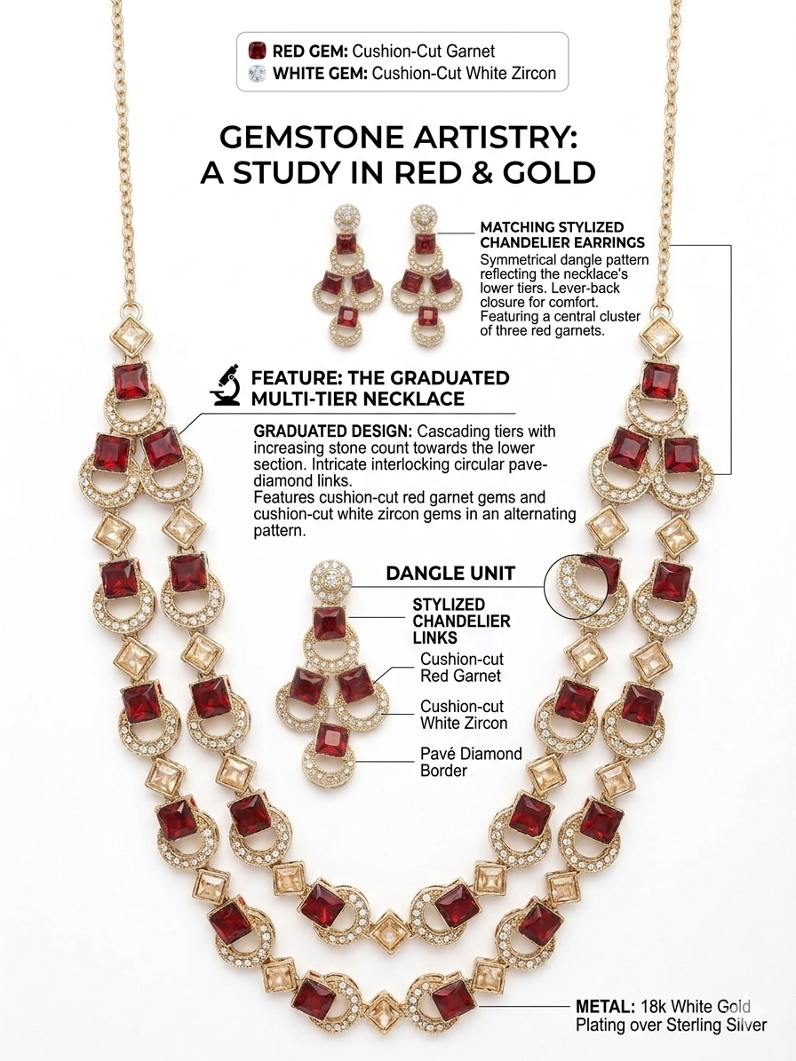 Luxury Red Garnet Necklace Set for Women with Matching Chandelier Earrings, Gold Plated Statement Jewelry Set with White Zircon Stones for Wedding, Party & Bridal Wear
