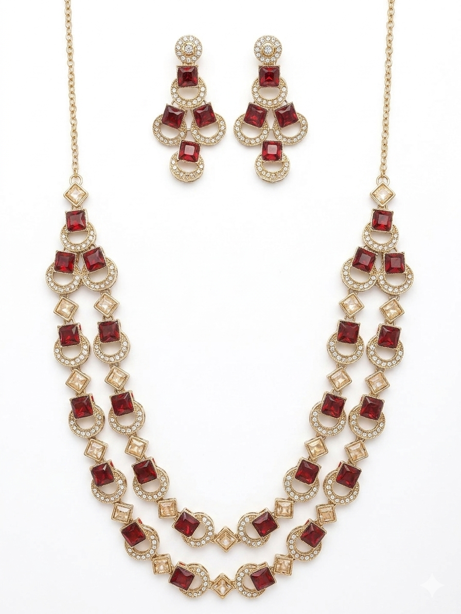 Luxury Red Garnet Necklace Set for Women with Matching Chandelier Earrings, Gold Plated Statement Jewelry Set with White Zircon Stones for Wedding, Party & Bridal Wear