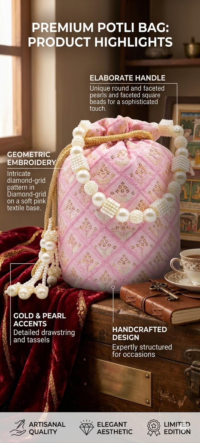 Harmal Store Premium Potli Bag for Women - Soft Pink Handcrafted Textile Evening Purse with Geometric Diamond-Grid Embroidery, Elaborate Pearl & Square Bead Handle, Traditional Festive Wedding Bag