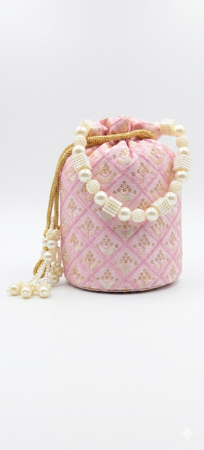Harmal Store Premium Potli Bag for Women - Soft Pink Handcrafted Textile Evening Purse with Geometric Diamond-Grid Embroidery, Elaborate Pearl & Square Bead Handle, Traditional Festive Wedding Bag