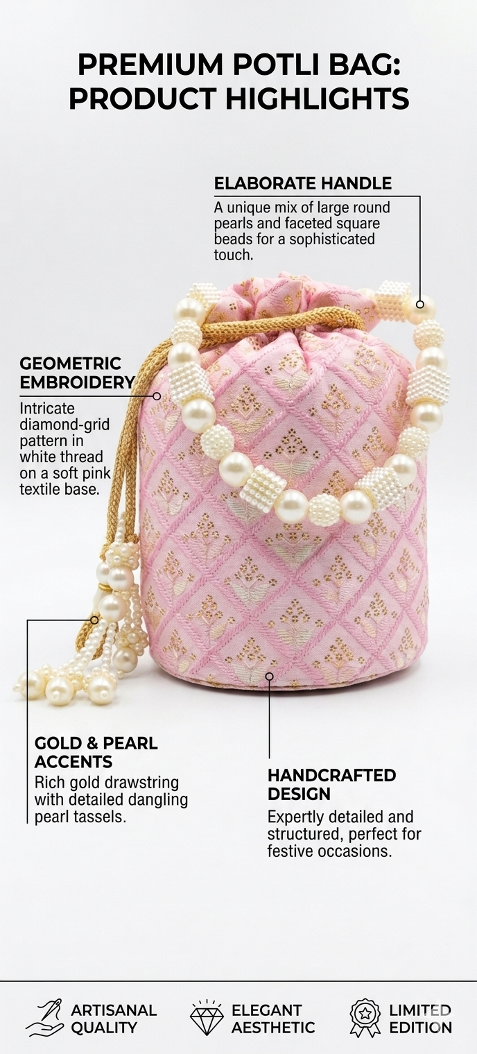 Harmal Store Premium Potli Bag for Women - Soft Pink Handcrafted Textile Evening Purse with Geometric Diamond-Grid Embroidery, Elaborate Pearl & Square Bead Handle, Traditional Festive Wedding Bag
