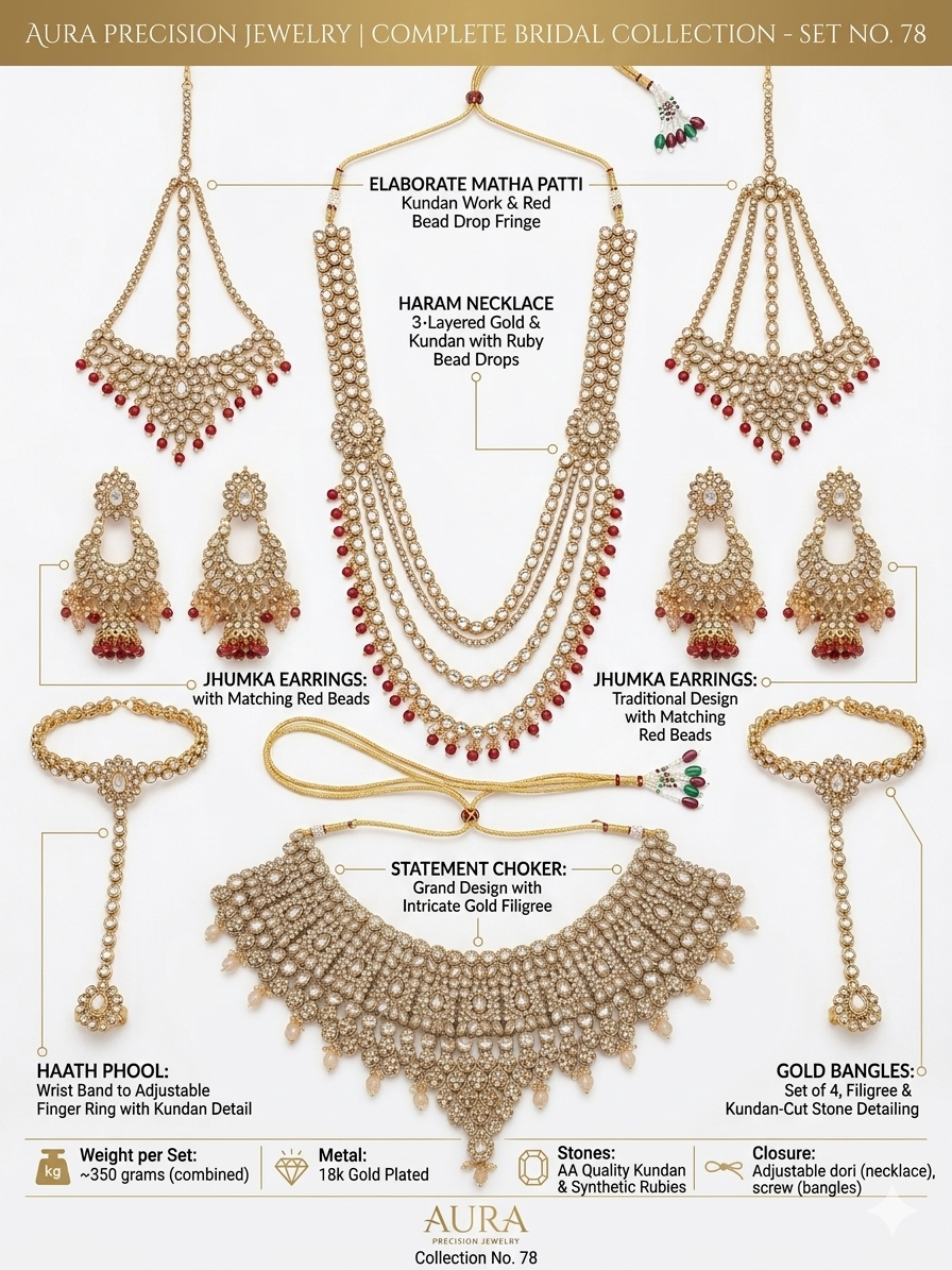 Aura Precision Bridal Jewelry Set for Women, 18K Gold Plated Kundan Necklace Set with Choker, Jhumka Earrings, Matha Patti, Haath Phool & Bangles for Wedding & Party Wear